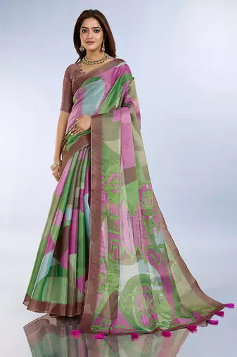 green printed art silk designer pallu saree