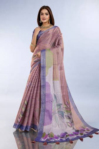 purple printed art silk designer pallu saree