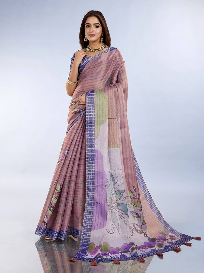 purple printed art silk designer pallu saree
