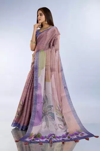 purple printed art silk designer pallu saree