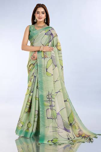 parrot green printed art silk designer pallu saree