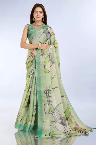 parrot green printed art silk designer pallu saree
