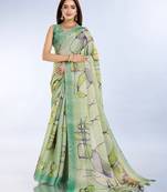 parrot green printed art silk designer pallu saree