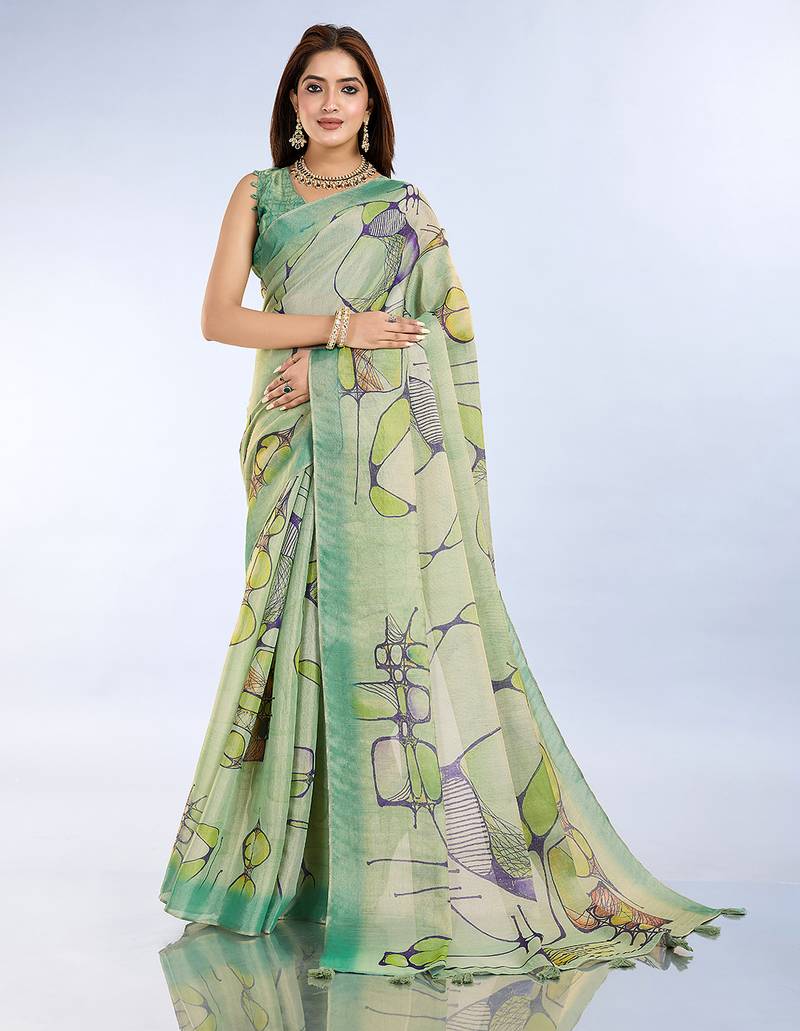 parrot green printed art silk designer pallu saree