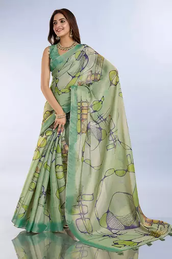 parrot green printed art silk designer pallu saree