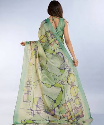 parrot green printed art silk designer pallu saree 3