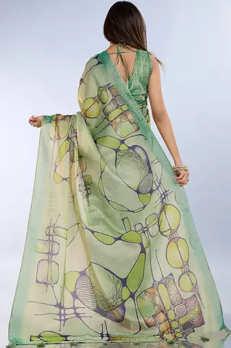 parrot green printed art silk designer pallu saree