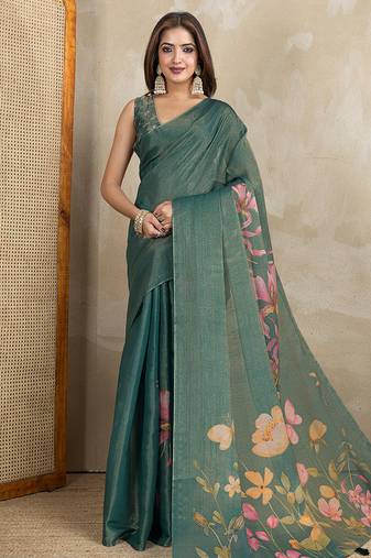 green printed art silk designer pallu saree