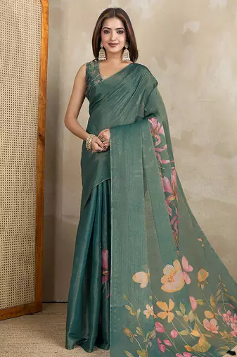 green printed art silk designer pallu saree
