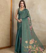 green printed art silk designer pallu saree