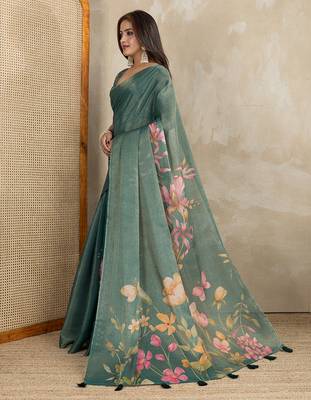 green printed art silk designer pallu saree 2