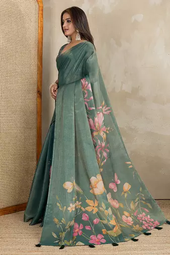 green printed art silk designer pallu saree