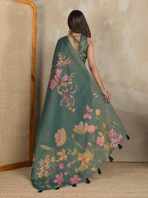 green printed art silk designer pallu saree 3