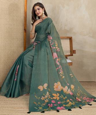 green printed art silk designer pallu saree 4