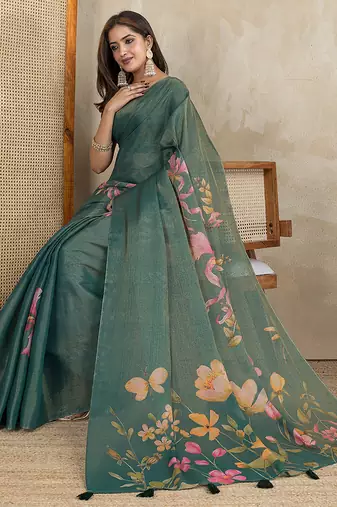 green printed art silk designer pallu saree