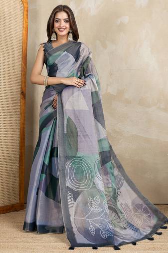 grey printed art silk designer pallu saree