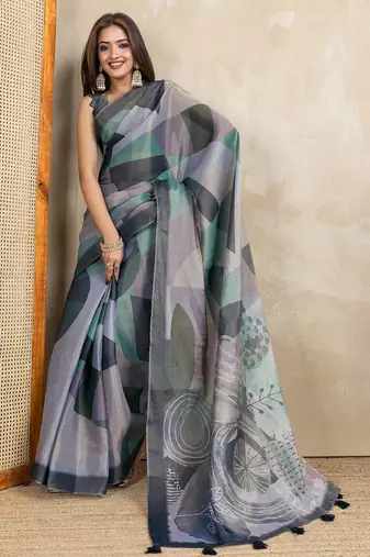 grey printed art silk designer pallu saree