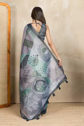 grey printed art silk designer pallu saree