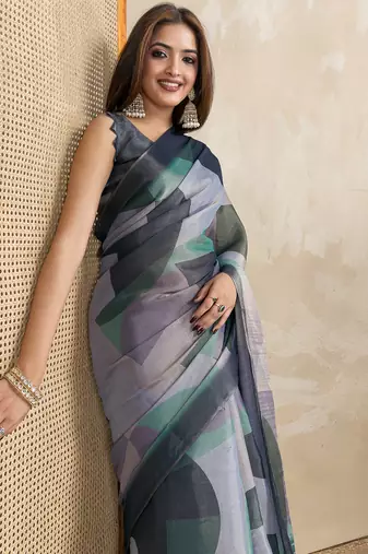 grey printed art silk designer pallu saree