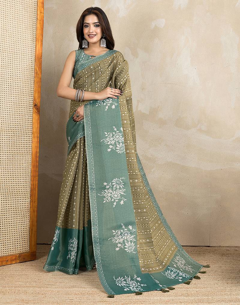 mehendi printed art silk designer pallu saree