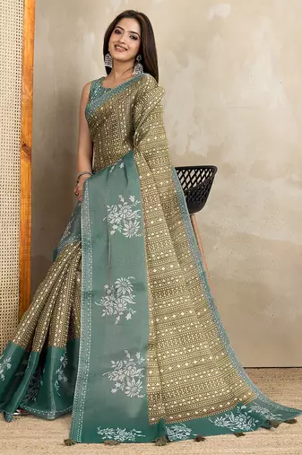 mehendi printed art silk designer pallu saree