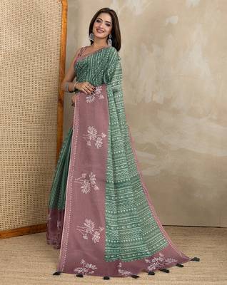 green printed art silk designer pallu saree 2