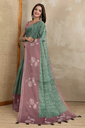 green printed art silk designer pallu saree