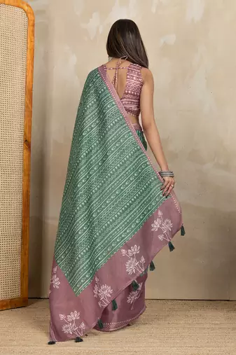 green printed art silk designer pallu saree
