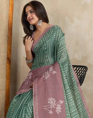 green printed art silk designer pallu saree 4