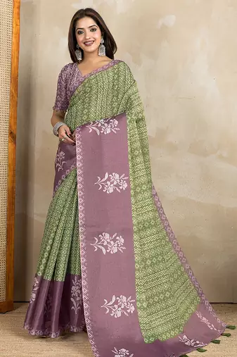 parrot green printed art silk designer pallu saree