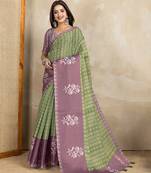 parrot green printed art silk designer pallu saree