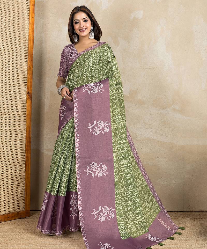 parrot green printed art silk designer pallu saree