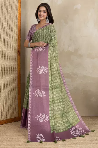 parrot green printed art silk designer pallu saree