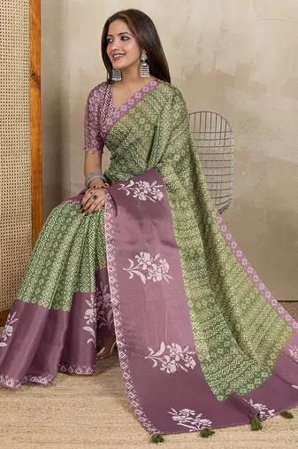 parrot green printed art silk designer pallu saree