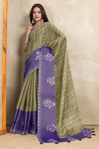 mehendi printed art silk designer pallu saree