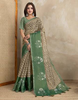 chiku printed art silk designer pallu saree 1