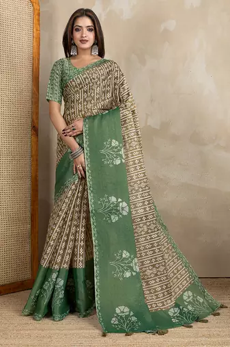 chiku printed art silk designer pallu saree