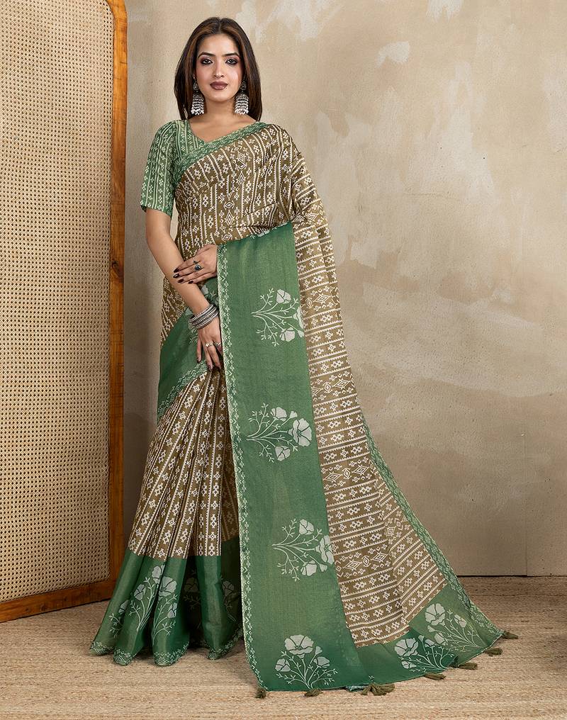 chiku printed art silk designer pallu saree