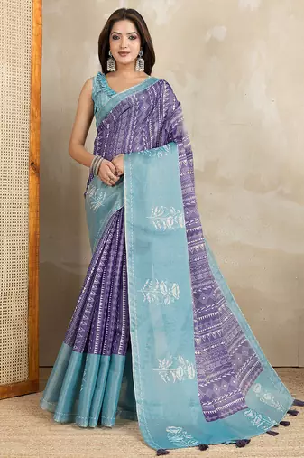purple printed art silk designer pallu saree