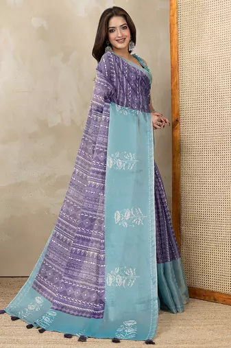 purple printed art silk designer pallu saree