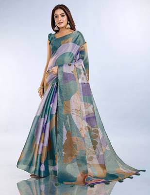 teal printed art silk designer pallu saree 1