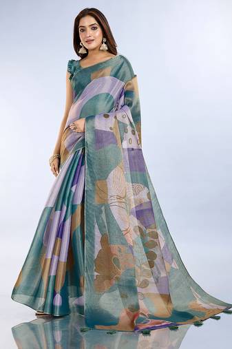 teal printed art silk designer pallu saree