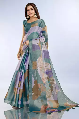 teal printed art silk designer pallu saree