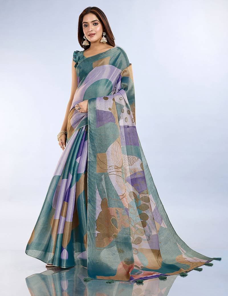 teal printed art silk designer pallu saree