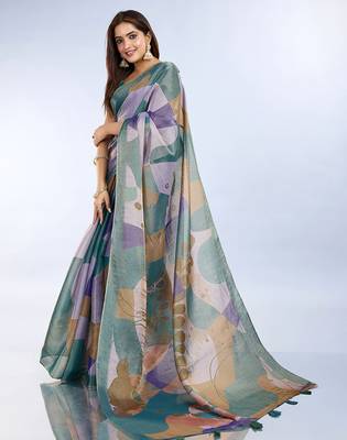 teal printed art silk designer pallu saree 2