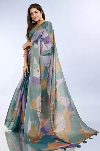 teal printed art silk designer pallu saree