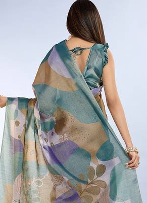 teal printed art silk designer pallu saree 3