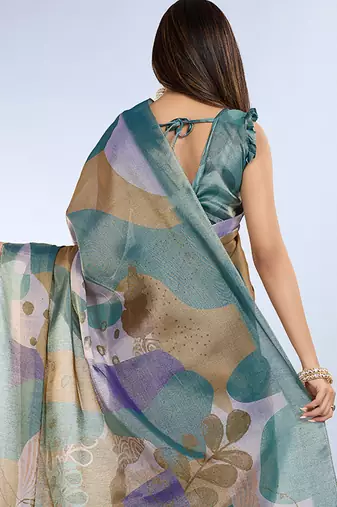 teal printed art silk designer pallu saree