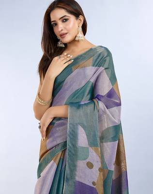 teal printed art silk designer pallu saree 4