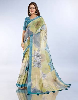 lemon printed art silk designer pallu saree 1